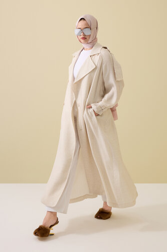  İman Kare Dokulu Ekru İpek Trençkot - Imannoor