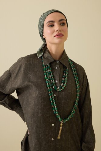 İman Kare Dokulu Haki İpek Gömlek - Imannoor