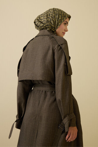  İman Kare Dokulu Haki İpek Trençkot - Imannoor