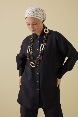 İman Kare Dokulu Siyah İpek Gömlek - Imannoor