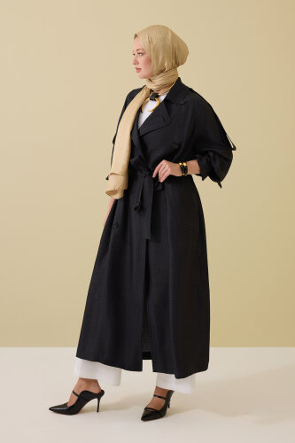  İman Kare Dokulu Siyah İpek Trençkot - Imannoor