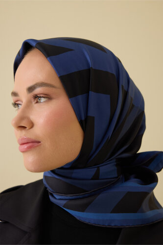 Çizgi Noor Lacivert Tivil İpek Eşarp 90x90 - Imannoor (1)