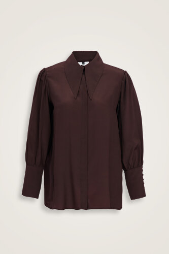 İmannoor x Rawdah Sivri Yaka Kahverengi Krep İpek Gömlek 