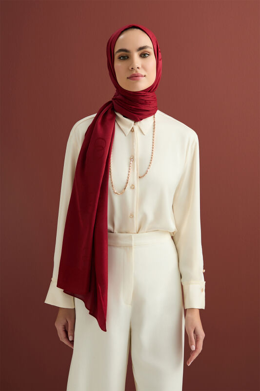 Zincir Kare Bordo Pamuk İpek Şal 70x210 - 3