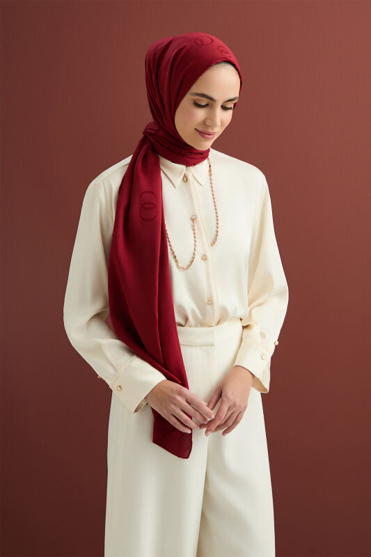 Zincir Kare Bordo Pamuk İpek Şal 70x210 - 5