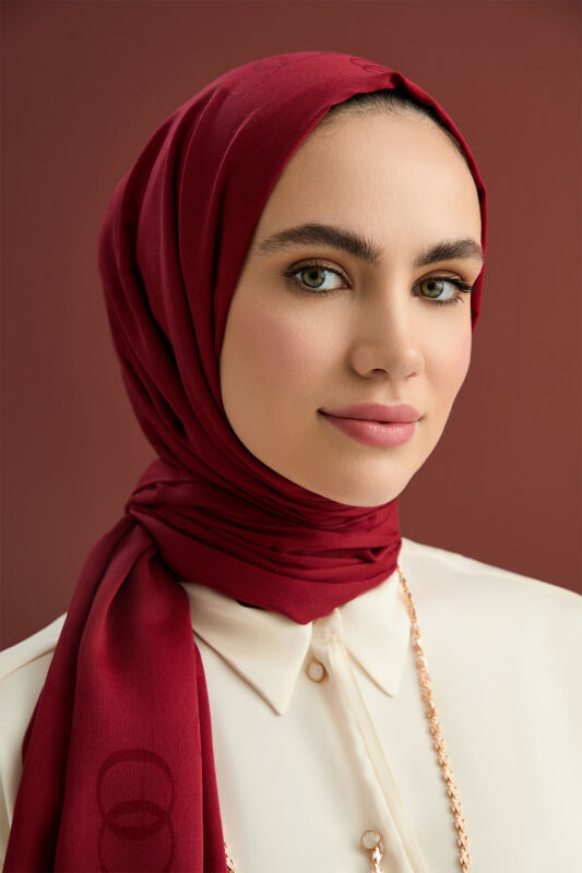 Zincir Kare Bordo Pamuk İpek Şal 70x210 - 6