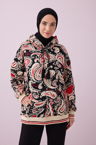 Keşmir Siyah-Bej Üç İplik Kapşonlu Eşofman Üstü - Imannoor