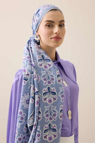 Kır Çiçeği Gri-Mürdüm Pamuk İpek Şal 70x210 - Imannoor