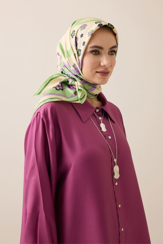 Knitted Green-Lilac Twill Silk Scarf 90x90 - 5