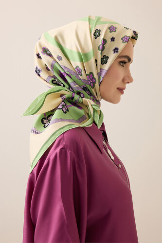 Knitted Green-Lilac Twill Silk Scarf 90x90 - 1