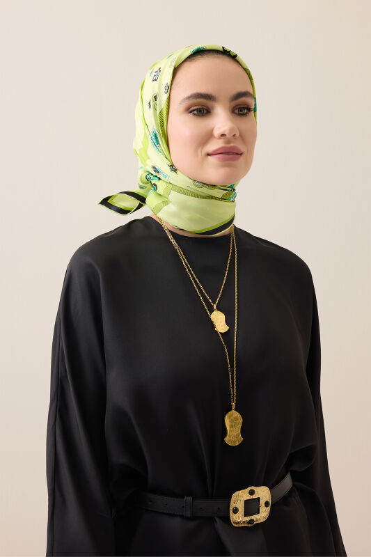 Knitted Pistachio Green Twill Silk Scarf - 5