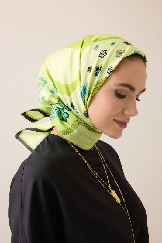 Knitted Pistachio Green Twill Silk Scarf - 1