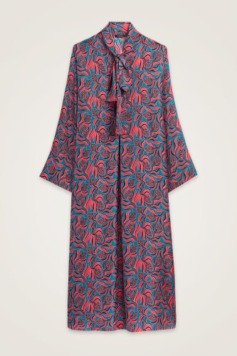 Kozalak Çiçeği Kırmızı-Petrol Boyun Bağcıklı Tivil İpek Elbise - Imannoor (1)