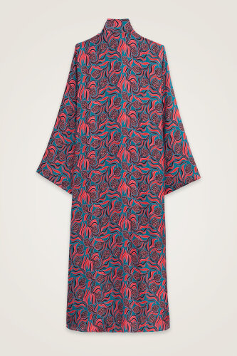 Kozalak Çiçeği Kırmızı-Petrol Boyun Bağcıklı Tivil İpek Elbise - Imannoor (3)