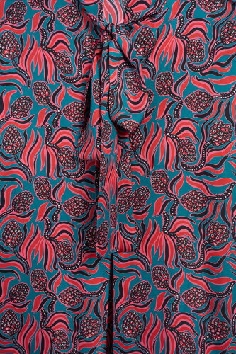 Kozalak Çiçeği Kırmızı-Petrol Boyun Bağcıklı Tivil İpek Elbise - Imannoor (2)