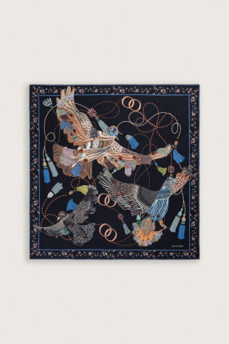 Kuşlu Noor Antrasit Tivil İpek Eşarp 95x95 - Imannoor (2)