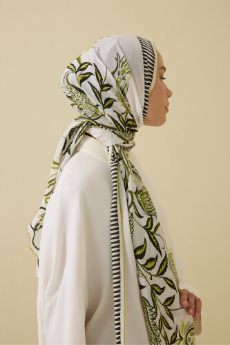 Lale Devri Yeşil Krep İpek Şal 70x210 - Imannoor