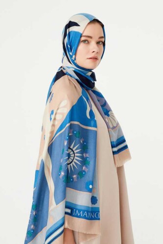 Lale Mavi Kaşmir İpek Şal - 2