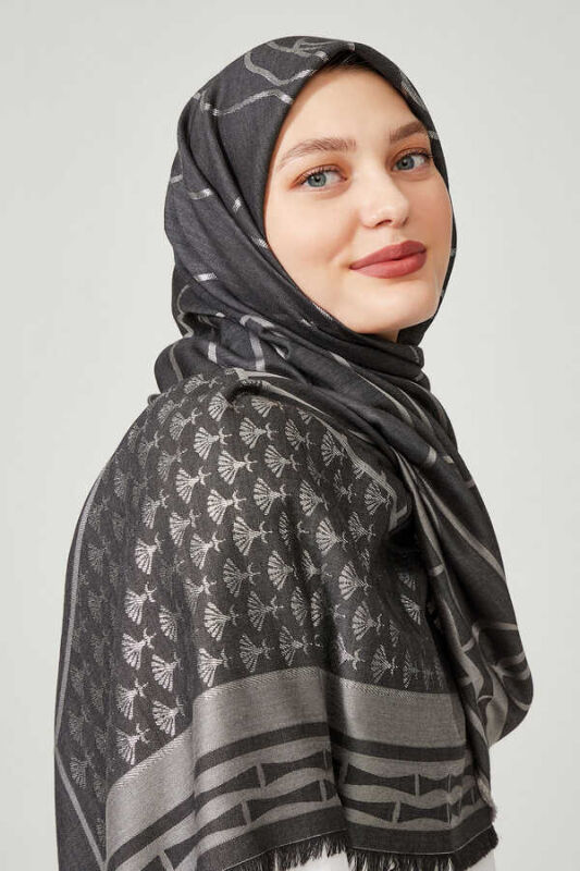 Leyla Simli Koyu Gri İpek Eşarp - 5