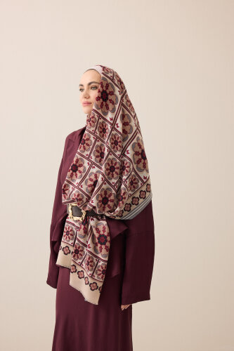 Mihrab Motif Beige-Burgundy Wool Scarf - 3
