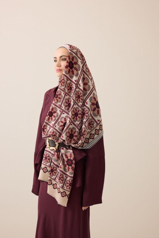 Mihrab Motif Beige-Burgundy Wool Scarf - 3