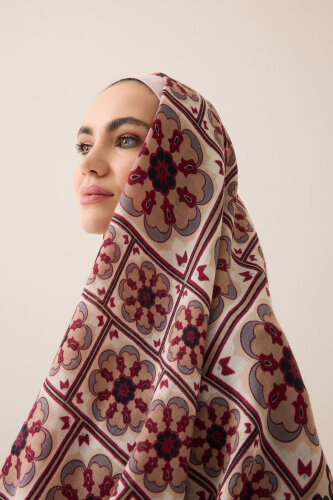 Mihrab Motif Beige-Burgundy Wool Scarf 