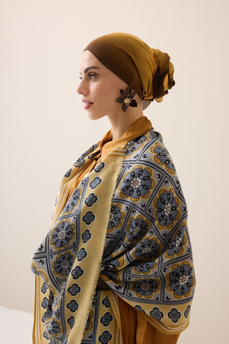 Mihrab Motif Sarı-Gri Yün Şal 70x200 