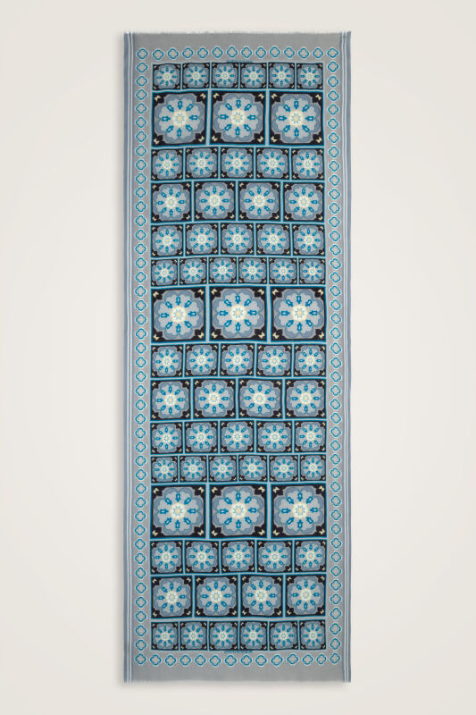 Mihrab Motif Turquoise-Gray Wool Scarf - 2