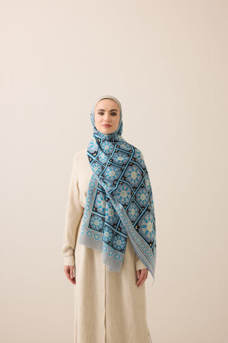Mihrab Motif Turquoise-Gray Wool Scarf - 1