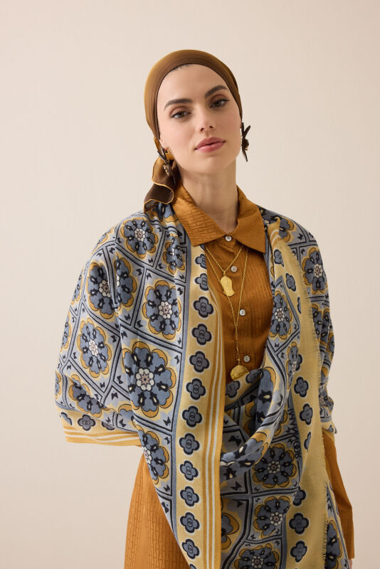 Mihrab Motif Yellow-Gray Wool Shawl - 3