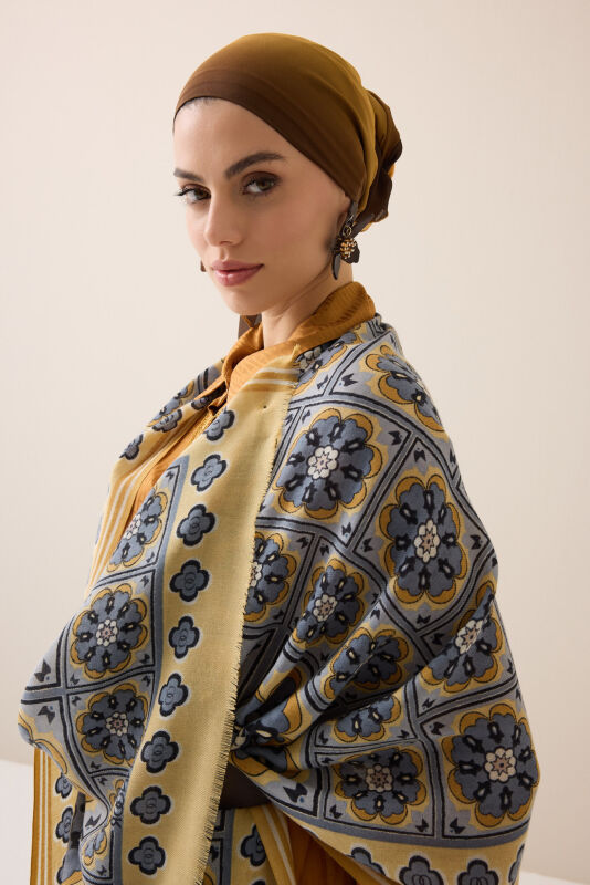 Mihrab Motif Yellow-Gray Wool Shawl - 6
