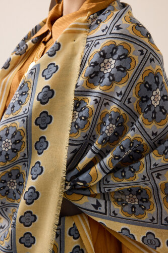 Mihrab Motif Yellow-Gray Wool Shawl - 5