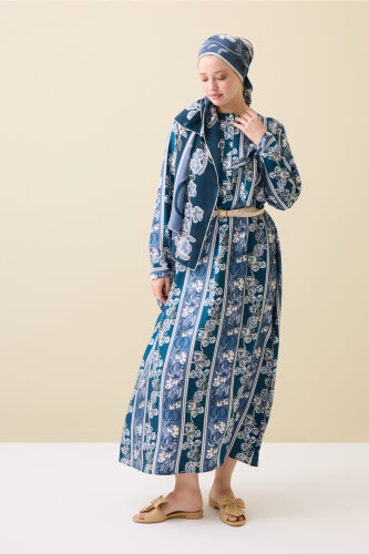 Navy Blue Plaid Silk Dress with Swing Cuff Detail - Imannoor (1)