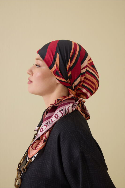 Noor with Waves Burgundy-Red Double-Sided Silk Scarf - 1