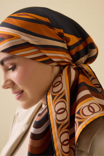 Noor with Waves rown-Orange Double-Sided Silk Scarf - Imannoor