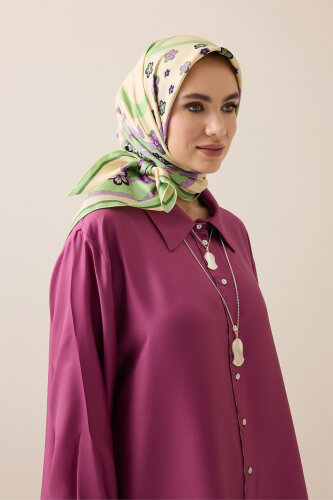 Örgü Yeşil-Lila Tivil İpek Eşarp 90x90 - 5