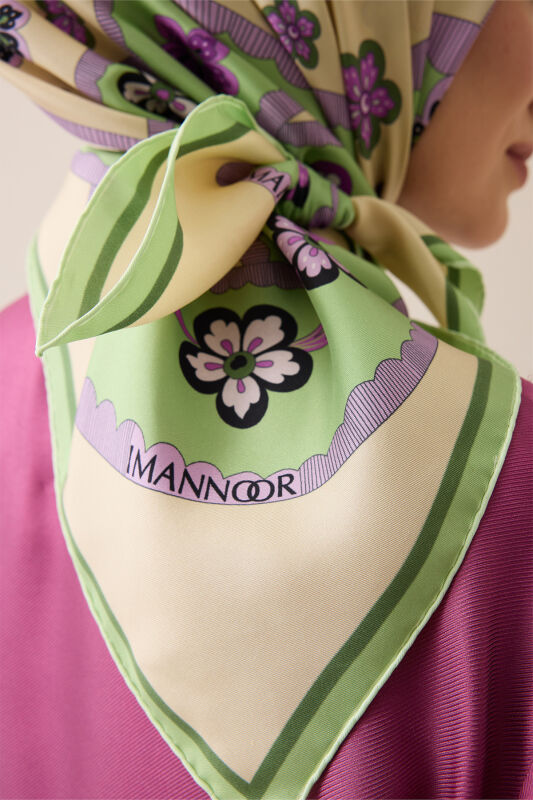 Örgü Yeşil-Lila Tivil İpek Eşarp 90x90 - 3