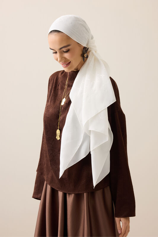 Oriental Chain Off-White Jacquard Silk Shawl - 5