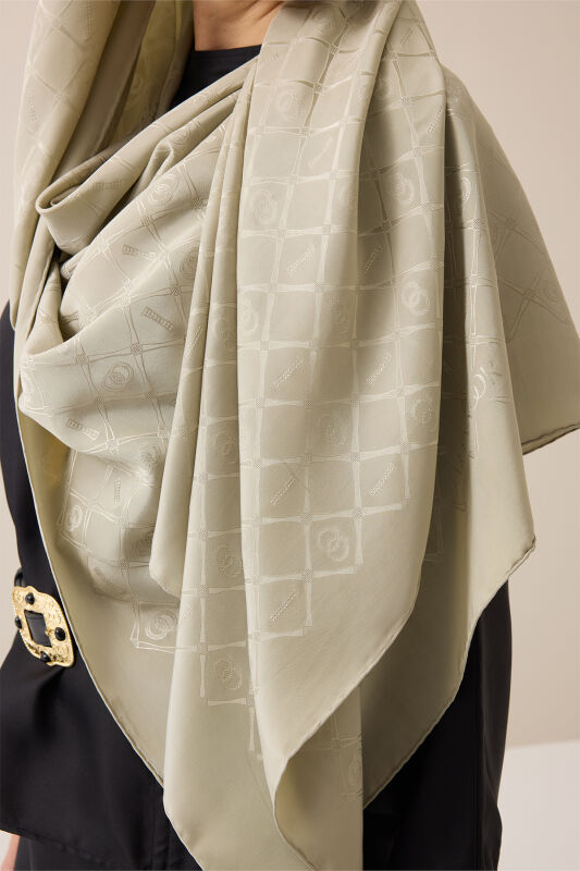 Oriental Chain Sand Beige Jacquard Silk Shawl - 5