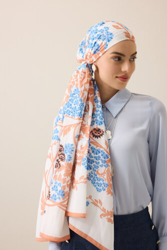 Oriental Flower Caramel-Blue Floss Cotton Shawl - Imannoor
