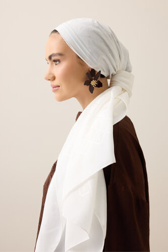 Oryantal Kafes Kırık Beyaz Jakarlı İpek Şal 70x200 - 3