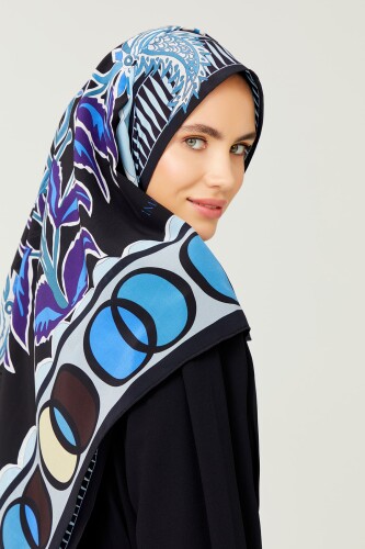 Osmanlı Çiçeği Mavi Krep İpek Şal - 4