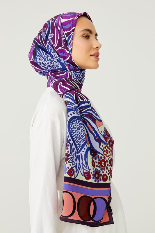 Osmanlı Çiçeği Mor Krep İpek Şal - 4