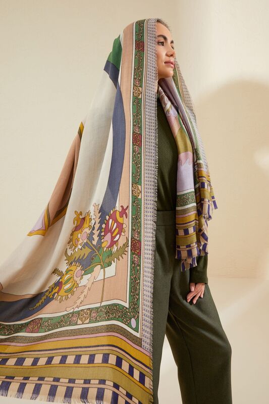 Ottoman Cashmere Silk Shawl Khaki - 4