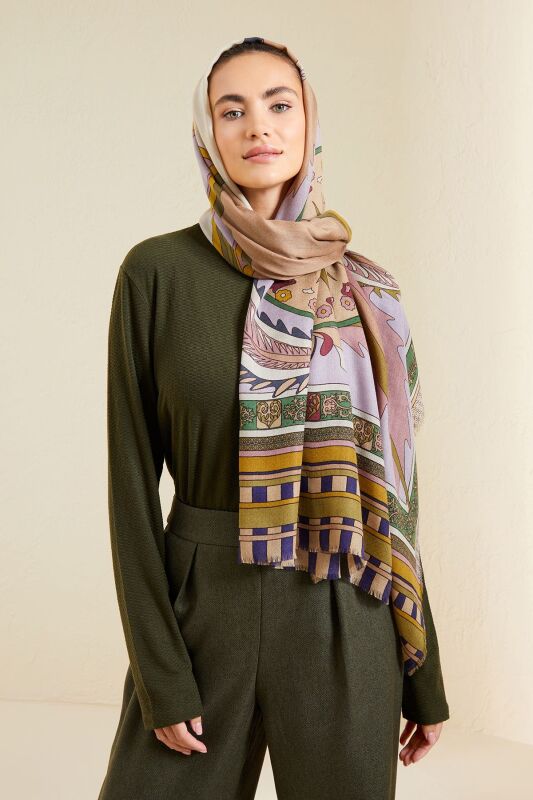 Ottoman Cashmere Silk Shawl Khaki - 8