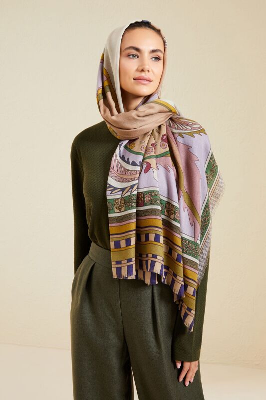 Ottoman Cashmere Silk Shawl Khaki - 6