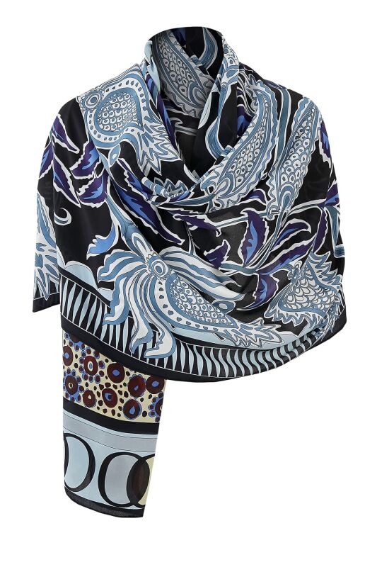 Ottoman Flower Silk Shawl Blue - 7