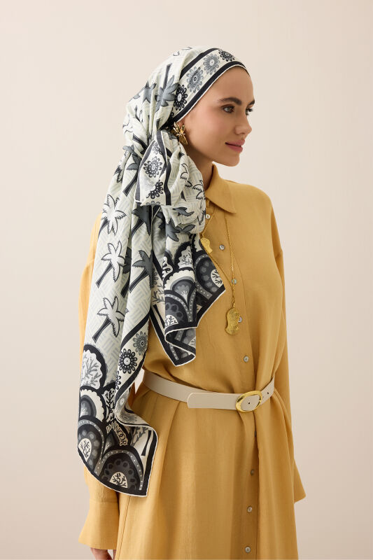 Palm Island Black-Cream Cotton Silk Shawl - 1