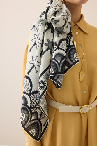 Palm Island Black-Cream Cotton Silk Shawl - 3