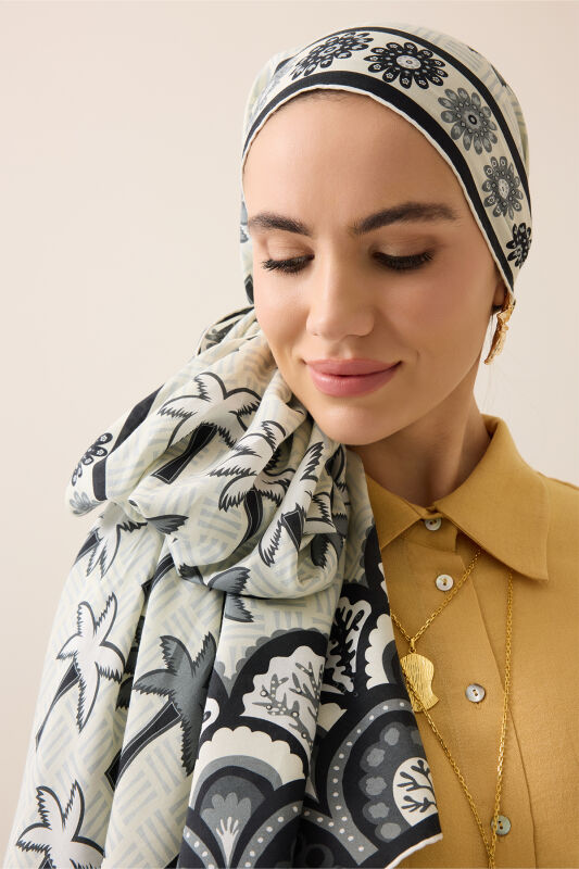 Palm Island Black-Cream Cotton Silk Shawl - 5